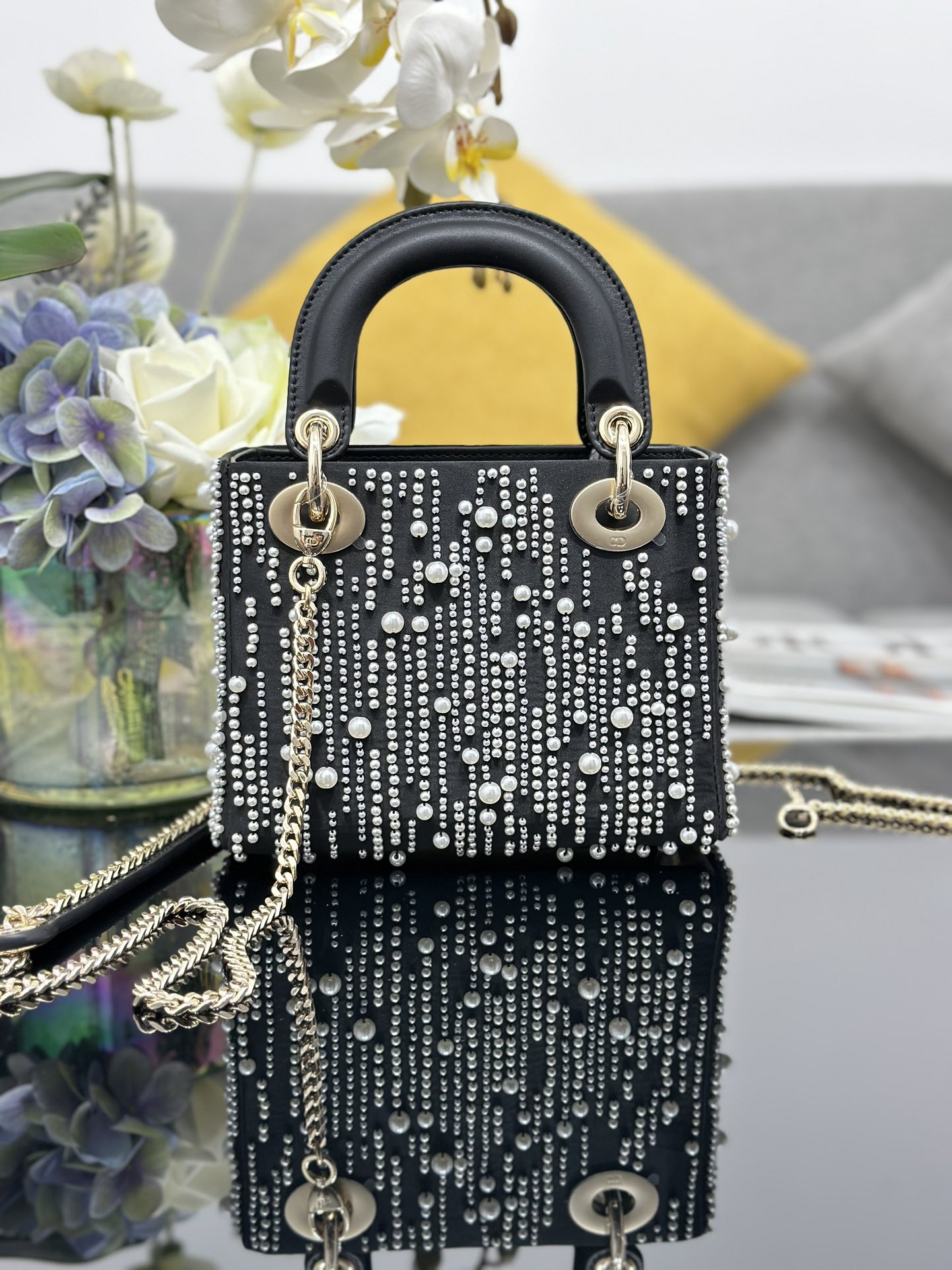 Mini Lady Dior Bag Black Satin Embroidered with White Resin Pearls